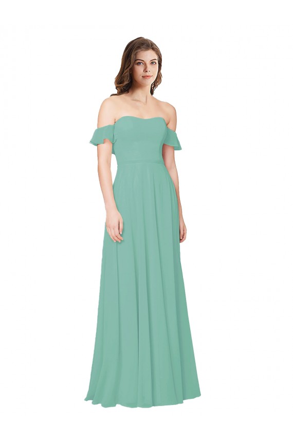 Off the Shoulder Long Soft Chiffon Jade Flounce Sleeves Bridesmaid Dress Victoria