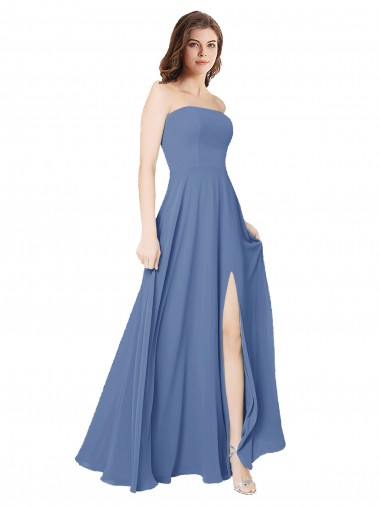 Strapless Long Soft Chiffon Windsor Blue Sleeveless Formal Dress / Bridesmaid Dress Victoria