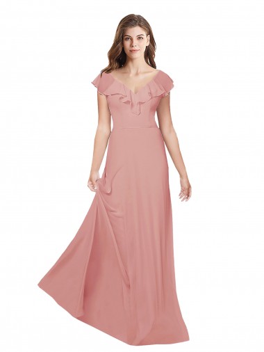 V-Neck Long Chiffon Bliss Pink Flutter Sleeves Bridesmaid Dress / Evening Dress Victoria