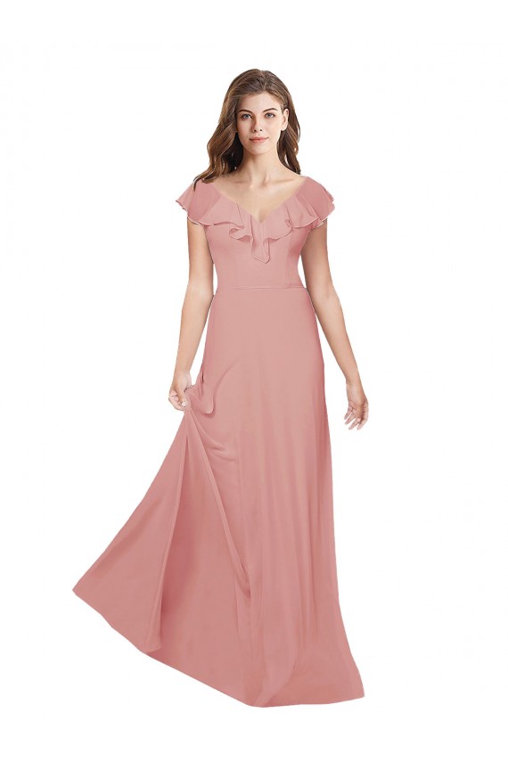 V-Neck Long Chiffon Bliss Pink Flutter Sleeves Bridesmaid Dress / Evening Dress Victoria