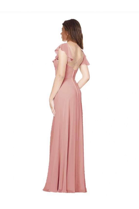 V-Neck Long Chiffon Bliss Pink Flutter Sleeves Bridesmaid Dress / Evening Dress Victoria