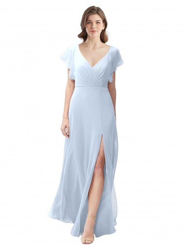 V-Neck Long Soft Chiffon Light Sky Blue Flutter Sleeves Bridesmaid Dress / Formal Dress Victoria