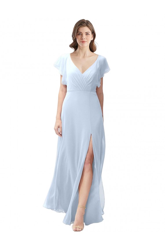 V-Neck Long Soft Chiffon Light Sky Blue Flutter Sleeves Bridesmaid Dress / Formal Dress Victoria