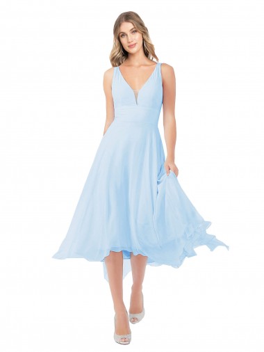 V-Neck Midi Length Soft Chiffon Light Sky Blue Sleeveless Bridesmaid Dress Victoria