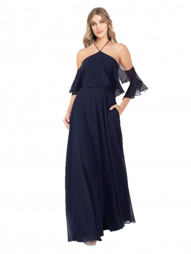 High Neck Long Soft Chiffon Dark Navy Flutter Sleeves Formal Dress / Bridesmaid Dress Victoria