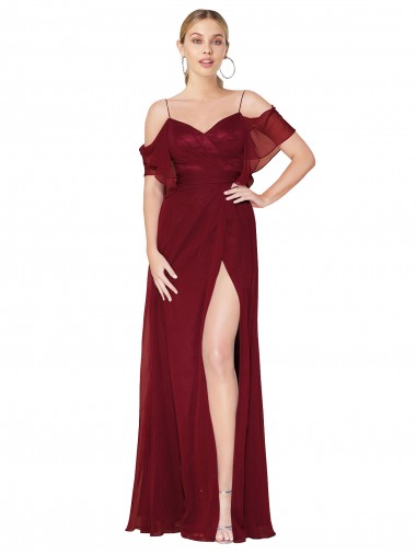 High Neck Long Soft Chiffon Burgundy Cold Shoulder Formal Evening Gown / Prom Dress / Bridesmaid Dress Victoria