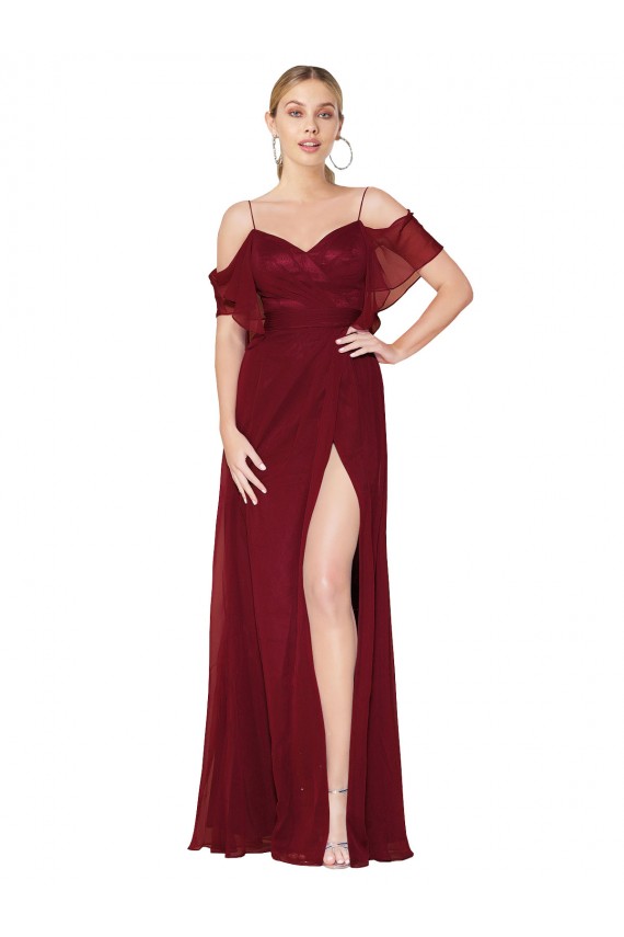 High Neck Long Soft Chiffon Burgundy Cold Shoulder Formal Evening Gown / Prom Dress / Bridesmaid Dress Victoria