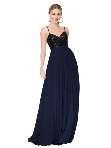 High Neck Long Soft Chiffon & Sequin Dark Navy Sleeveless Semi Formal Evening Dress / Prom Dress / Bridesmaid Dress Victoria