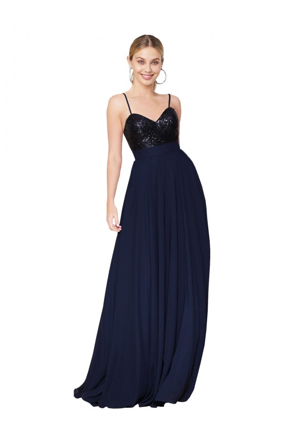 High Neck Long Soft Chiffon & Sequin Dark Navy Sleeveless Semi Formal Evening Dress / Prom Dress / Bridesmaid Dress Victoria