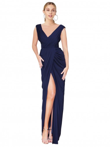 High Neck Long Soft Chiffon Dark Navy Mermaid Sleeveless Formal Evening Gown / Prom Dress / Bridesmaid Dress Victoria