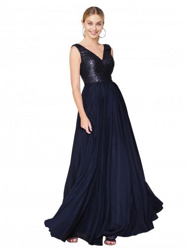 High Neck Long Soft Chiffon & Sequin Dark Navy Sleeveless Semi Formal Evening Gown / Prom Dress / Bridesmaid Dress Victoria