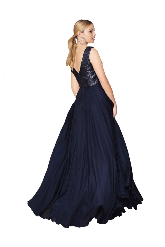 High Neck Long Soft Chiffon & Sequin Dark Navy Sleeveless Semi Formal Evening Gown / Prom Dress / Bridesmaid Dress Victoria