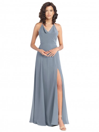 Cowl Neck Long Soft Chiffon Dusty Blue Sleeveless Bridesmaid Dress Victoria
