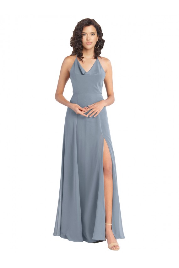 Cowl Neck Long Soft Chiffon Dusty Blue Sleeveless Bridesmaid Dress Victoria