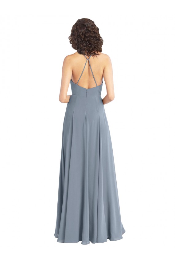 Cowl Neck Long Soft Chiffon Dusty Blue Sleeveless Bridesmaid Dress Victoria