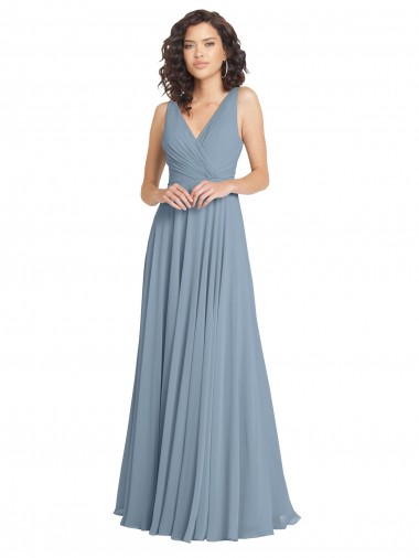 V-Neck Long Soft Chiffon Dusty Blue A-Line Sleeveless Bridesmaid Dress Victoria