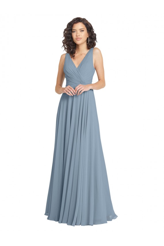 V-Neck Long Soft Chiffon Dusty Blue A-Line Sleeveless Bridesmaid Dress Victoria