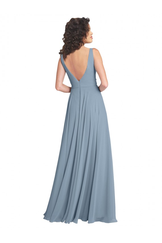 V-Neck Long Soft Chiffon Dusty Blue A-Line Sleeveless Bridesmaid Dress Victoria