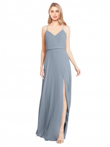 V-Neck Long Soft Chiffon Dusty Blue Sleeveless Bridesmaid Gowns Victoria