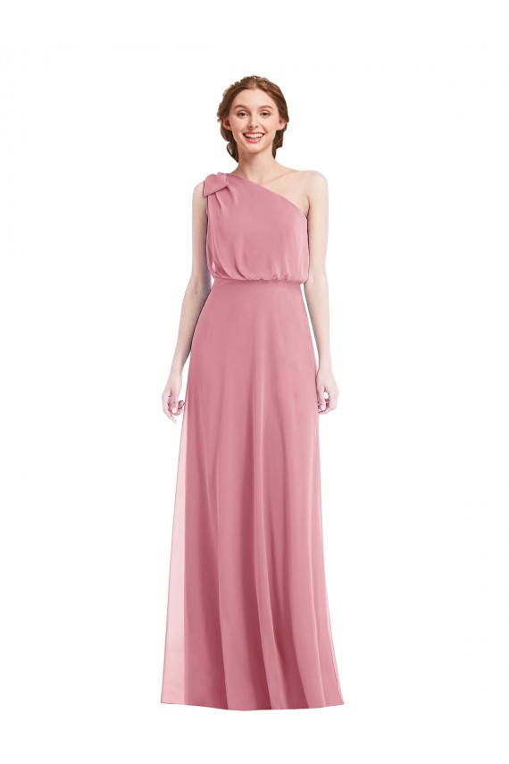 One Shoulder Long Soft Chiffon Skin Pink Sleeveless Semi Formal Evening Dress / Bridesmaid Dress Victoria