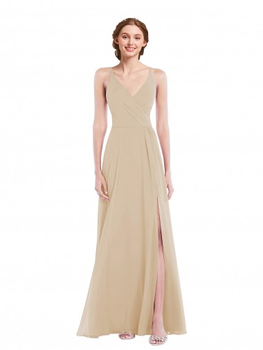 V-Neck Long Soft Chiffon Champagne Sleeveless Semi Formal Evening Dress / Bridesmaid Dress Victoria