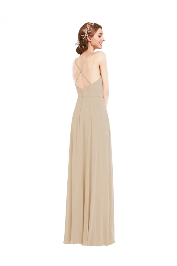 V-Neck Long Soft Chiffon Champagne Sleeveless Semi Formal Evening Dress / Bridesmaid Dress Victoria