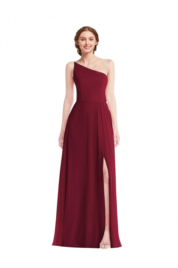 One Shoulder Long Soft Chiffon Burgundy Sleeveless Semi Formal Evening Dress / Bridesmaid Dress Victoria