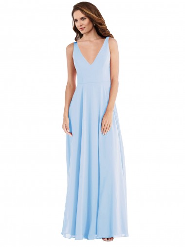 V-Neck Long Soft Chiffon Light Sky Blue Sleeveless Semi Formal Evening Dress / Bridesmaid Dress Victoria