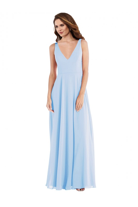 V-Neck Long Soft Chiffon Light Sky Blue Sleeveless Semi Formal Evening Dress / Bridesmaid Dress Victoria