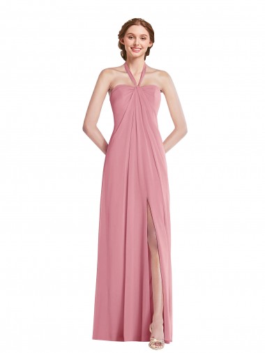 Halter Neck Long Soft Chiffon Skin Pink Sleeveless Semi Formal Evening Dress / Bridesmaid Dress Victoria