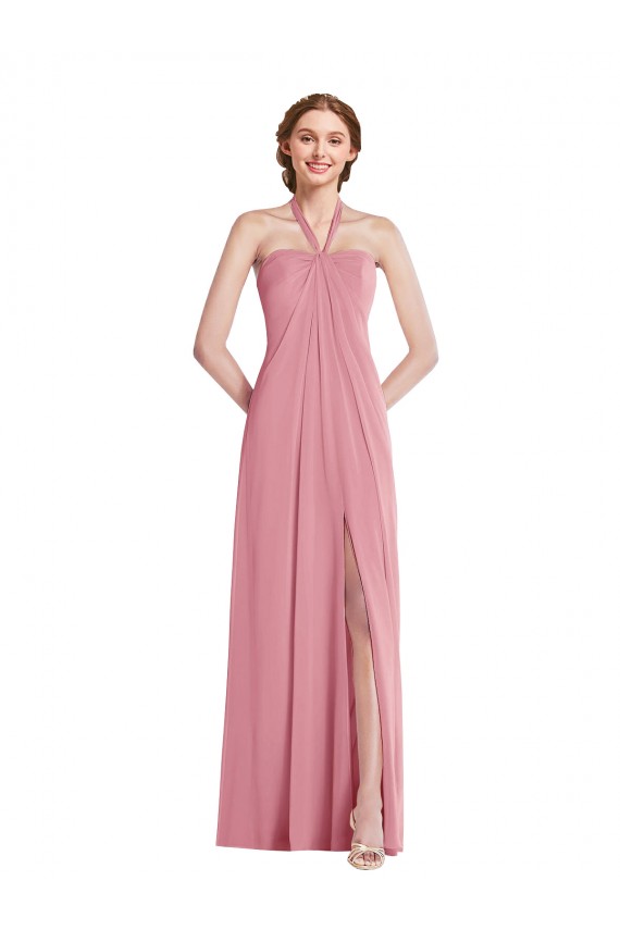 Halter Neck Long Soft Chiffon Skin Pink Sleeveless Semi Formal Evening Dress / Bridesmaid Dress Victoria