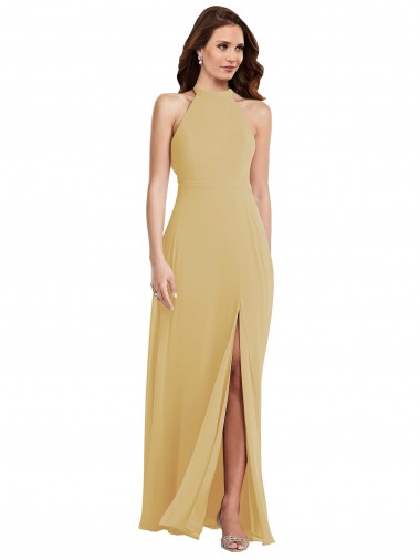 Halter Neck Long Soft Chiffon Gold Sleeveless Semi Formal Evening Dress / Bridesmaid Dress Victoria
