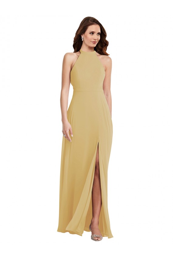 Halter Neck Long Soft Chiffon Gold Sleeveless Semi Formal Evening Dress / Bridesmaid Dress Victoria