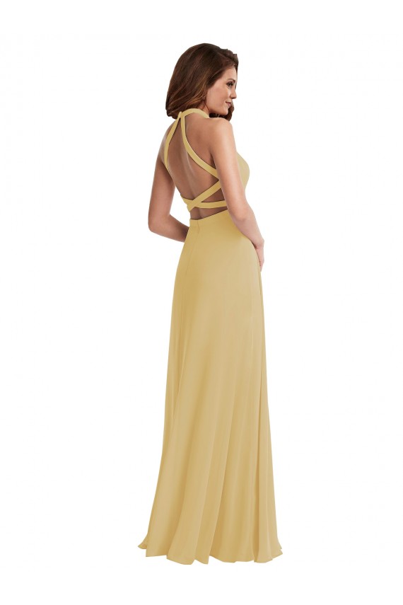 Halter Neck Long Soft Chiffon Gold Sleeveless Semi Formal Evening Dress / Bridesmaid Dress Victoria