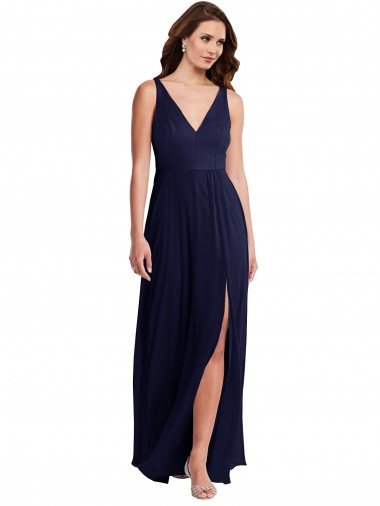 V-Neck Long Soft Chiffon Dark Navy Sleeveless Black Tie Evening Gown / Bridesmaid Dress Victoria