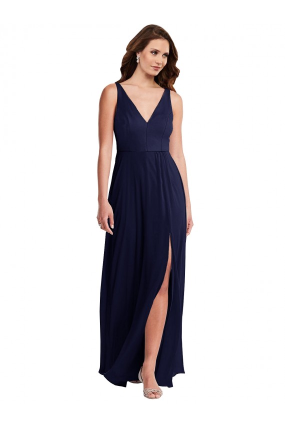 V-Neck Long Soft Chiffon Dark Navy Sleeveless Black Tie Evening Gown / Bridesmaid Dress Victoria