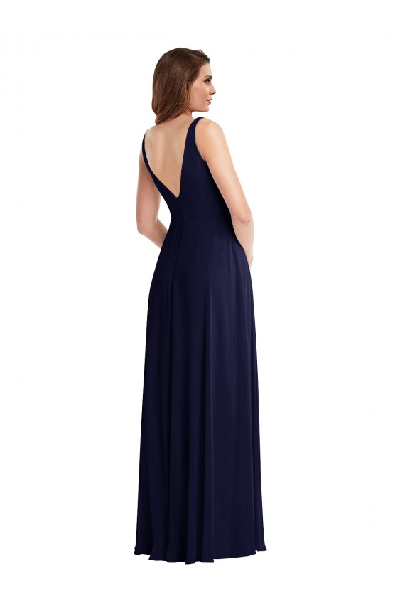 V-Neck Long Soft Chiffon Dark Navy Sleeveless Black Tie Evening Gown / Bridesmaid Dress Victoria