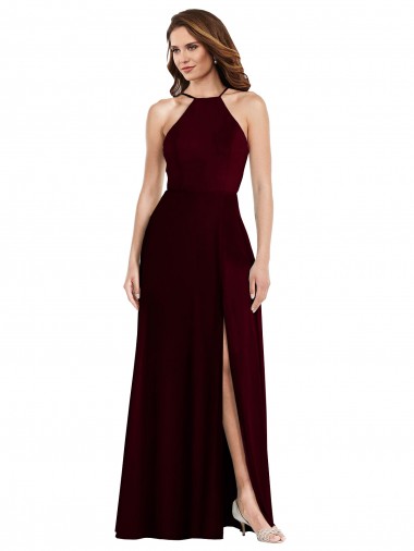 Halter Neck Long Soft Chiffon Burgundy Gold Sleeveless Semi Formal Evening Dress / Bridesmaid Dress Victoria