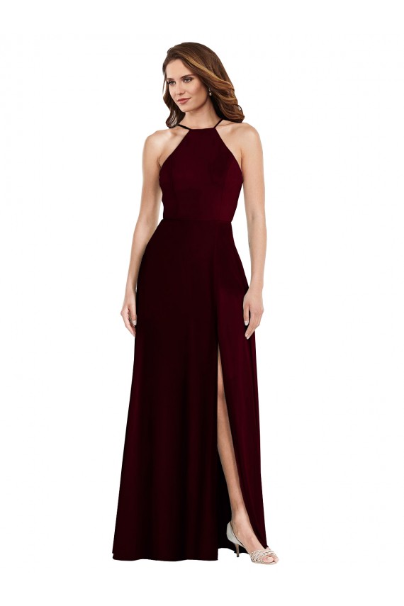 Halter Neck Long Soft Chiffon Burgundy Gold Sleeveless Semi Formal Evening Dress / Bridesmaid Dress Victoria