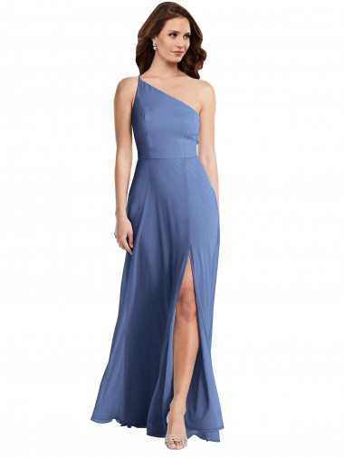 One Shoulder Long Soft Chiffon Windsor Blue Sleeveless Formal Evening Gown / Bridesmaid Dress Victoria