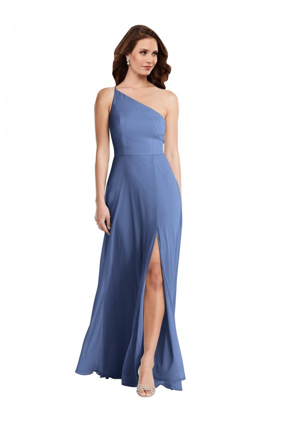 One Shoulder Long Soft Chiffon Windsor Blue Sleeveless Formal Evening Gown / Bridesmaid Dress Victoria