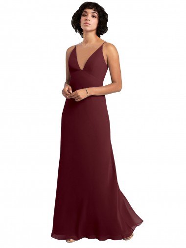 V-Neck Long Soft Chiffon Burgundy Gold Sleeveless Bridesmaid Dress / Formal Dress Victoria