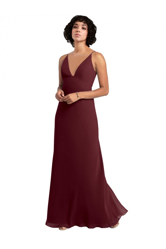 V-Neck Long Soft Chiffon Burgundy Gold Sleeveless Bridesmaid Dress / Formal Dress Victoria