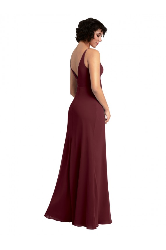 V-Neck Long Soft Chiffon Burgundy Gold Sleeveless Bridesmaid Dress / Formal Dress Victoria
