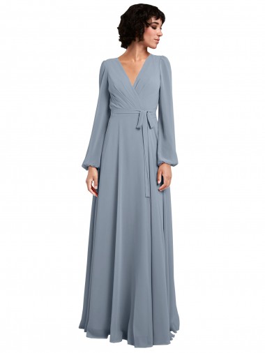 V-Neck Long Soft Chiffon Dusty Blue Long Sleeves Bridesmaid Dress / Formal Dress Victoria