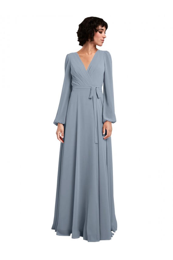 V-Neck Long Soft Chiffon Dusty Blue Long Sleeves Bridesmaid Dress / Formal Dress Victoria