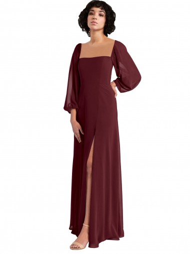 Square Neck Long Chiffon Burgundy Gold Long Sleeves Bridesmaid Dress / Evening Dress Victoria