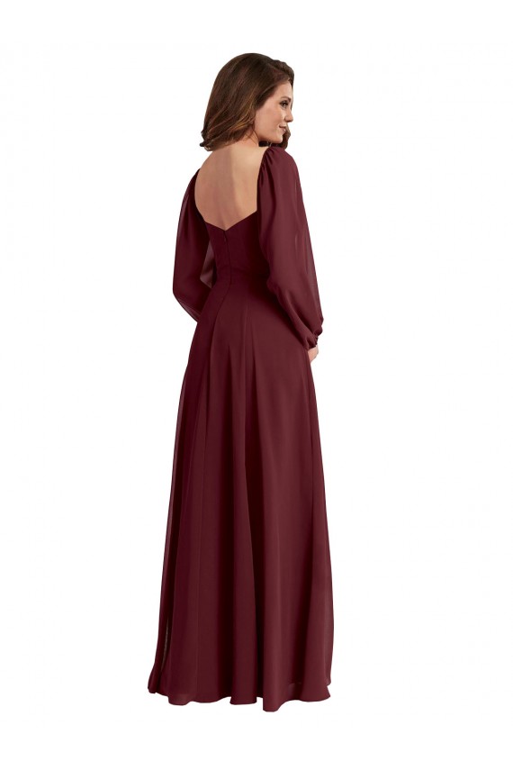 Square Neck Long Chiffon Burgundy Gold Long Sleeves Bridesmaid Dress / Evening Dress Victoria