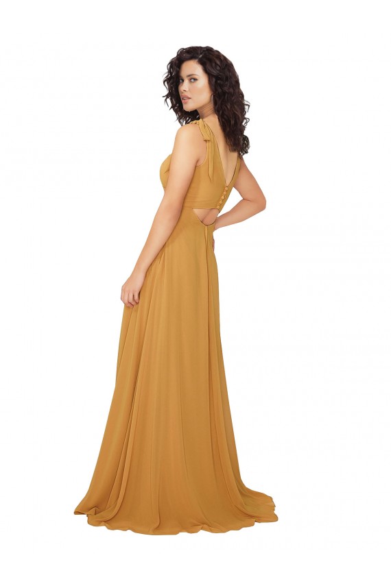 V-Neck Long Soft Chiffon Saffron Sleeveless Bridesmaid Dress Victoria