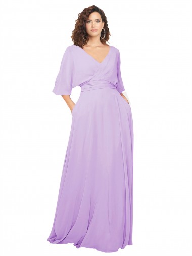V-Neck Long Lxue Chiffon Lilac Half Sleeves Bridesmaid Dress Victoria